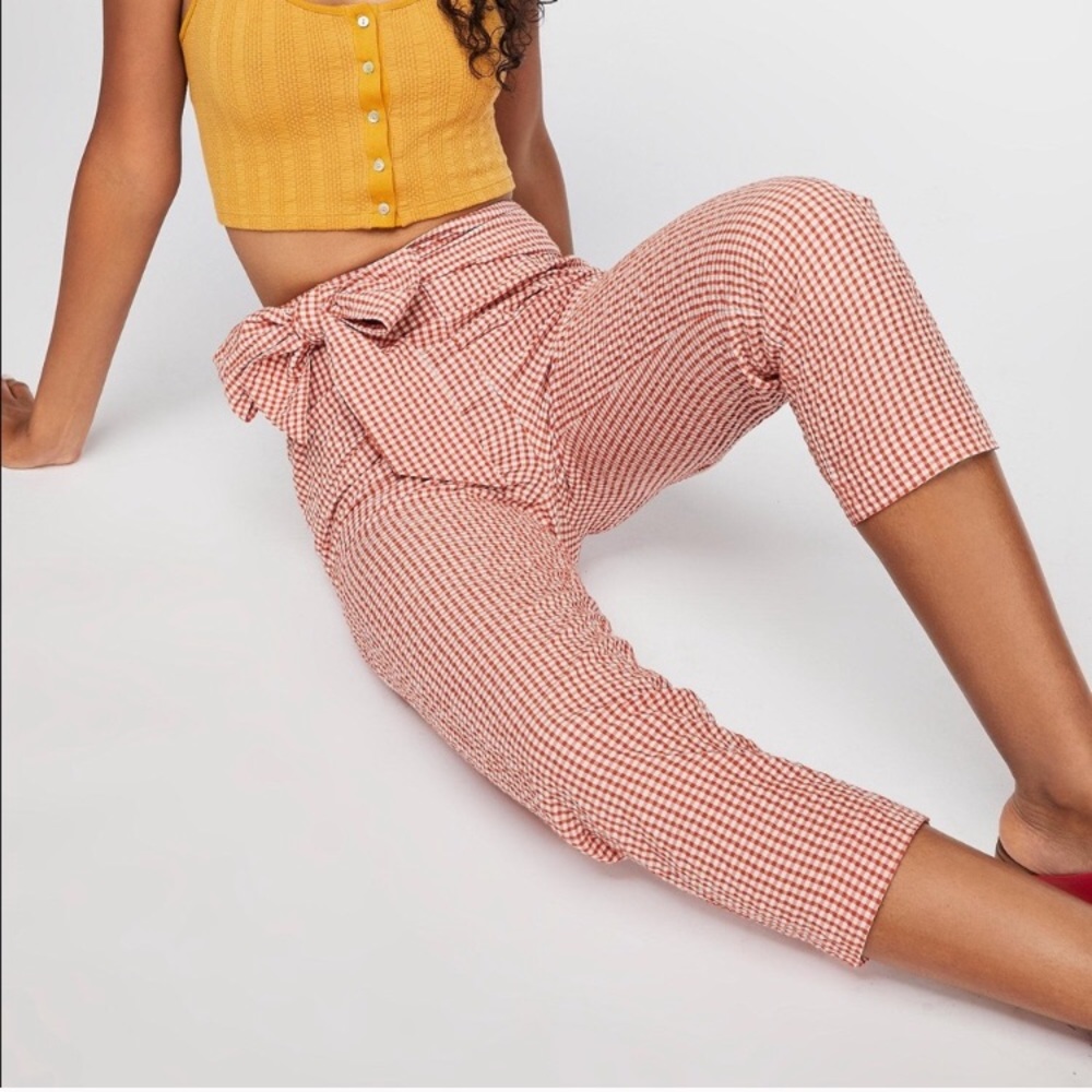 Free People Orange White Gingham Tie Waist Pants
